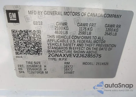 2018 Chevrolet Equinox Premier из США, поврежденный, VIN 2GNAXVEV2J6285575